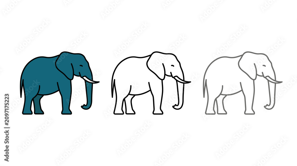 Fototapeta premium Set of three minimalist elephant vector icons and outlines