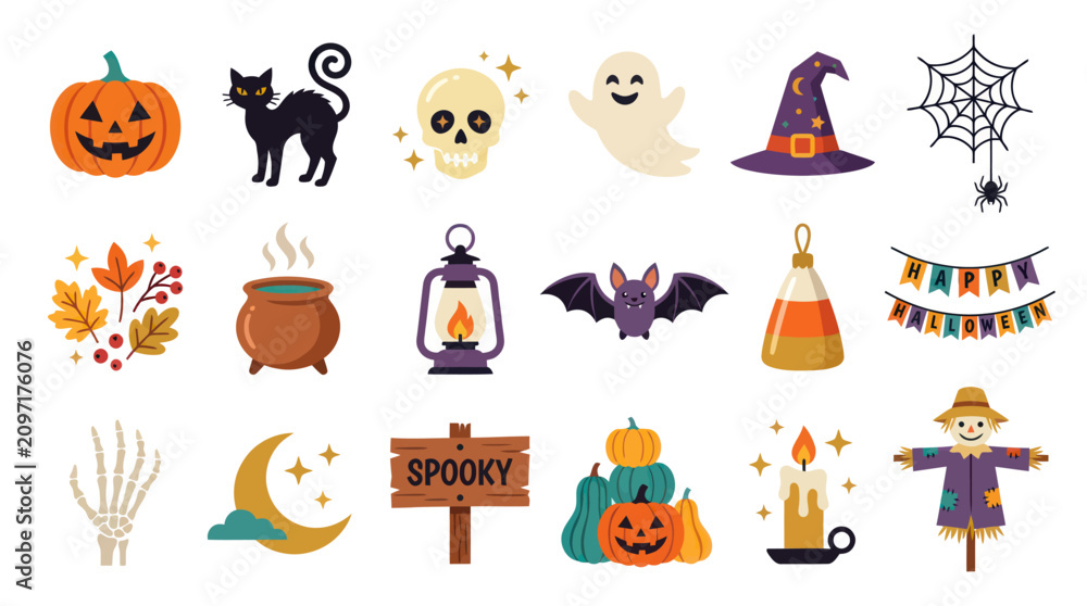 Obraz premium Halloween Icons Set Flat Design: Pumpkin, Cat, Ghost, Hat, Spiderweb, Candy Corn, Scarecrow