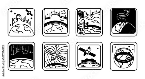 Fotografie Space Exploration Icons, Earth Orbit Satellite Set, Astronaut Aurora Graphics, C