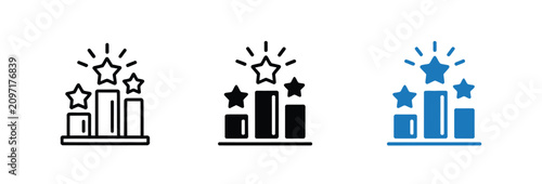 Performance ranking icons illustrating bar chart, star rating, evaluation, and business analytics symbols with clean minimalist vector graphics for performance monitoring, reporting, and strategic dec
