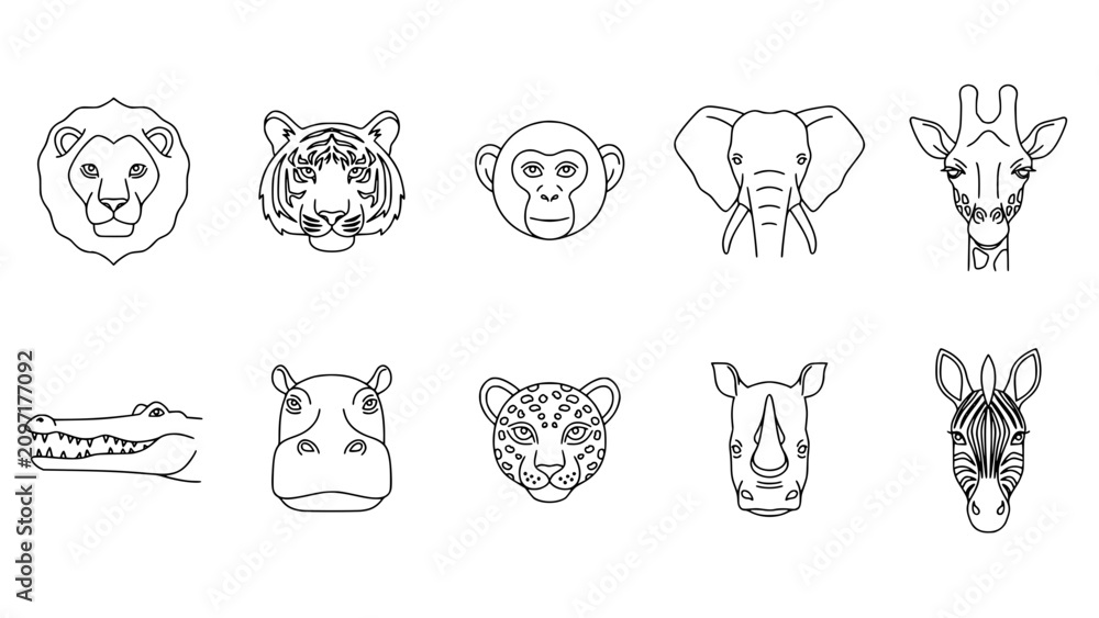 Obraz premium Animals with Various Faces Arranged in a Grid Pattern Featuring Lion, Tiger, Monkey with Elephant and Giraffe Elements