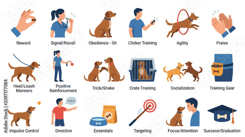 Dog Training Methods Flat Icons Set: Reward, Obedience, Agility, Socialization
