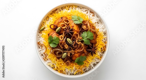 Delicious bowl of mixed rice and meat dish with herbs and spices on white