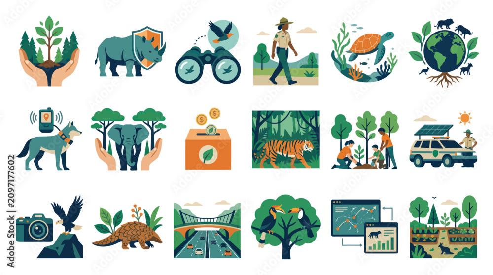 Obraz premium Flat Vector Illustrations for Environmental Conservation, Wildlife Protection, and Nature Ecology Concepts
