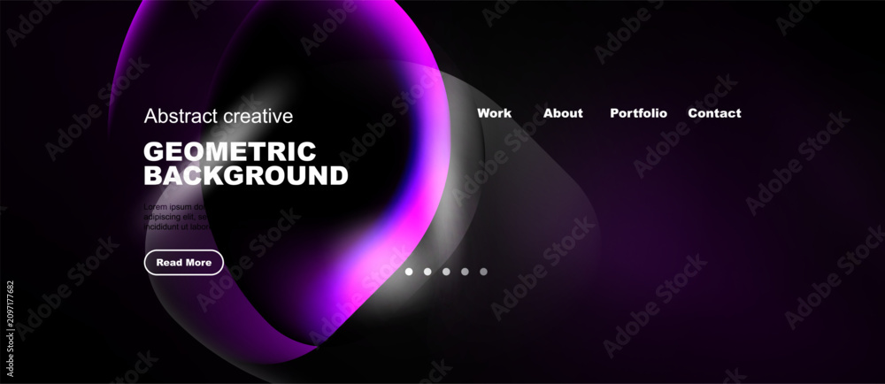 Naklejka premium Dark background features purple flowing shapes, text elements, navigation menu. Modern design promotes creativity, geometric patterns.