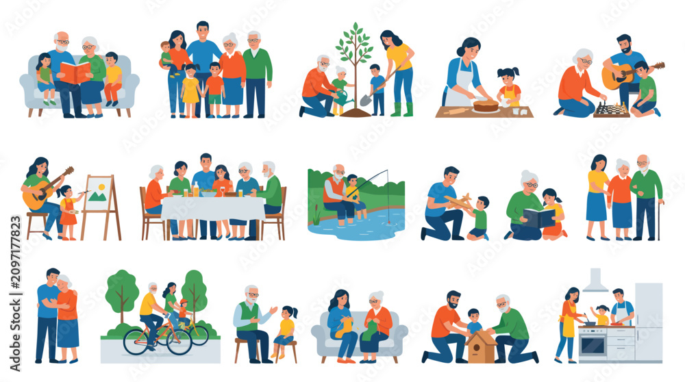 Fototapeta premium Flat Vector Illustration of Happy Intergenerational Family Lifestyle and Activities, Grandparents, Parents, and Children Bonding
