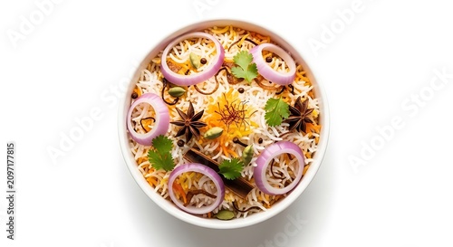Delicious bowl of rice with onions herbs and spices on white background