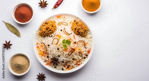 Delicious Indian basmati rice dish with spices and herbs on white plate served