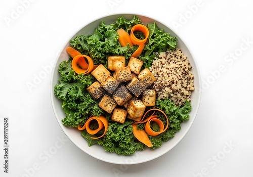 Delicious healthy salad bowl with kale quinoa tofu and carrot curls on white plate