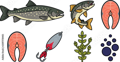 Obraz na płótnie Salmon and trout fishing vector illustration collection set featuring lure meat steaks isolated on transparent background