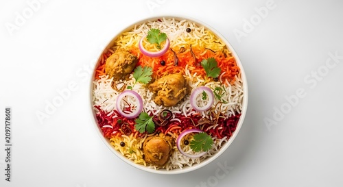 Delicious mixed rice dish with chicken meat and vegetables in a white bowl overhead