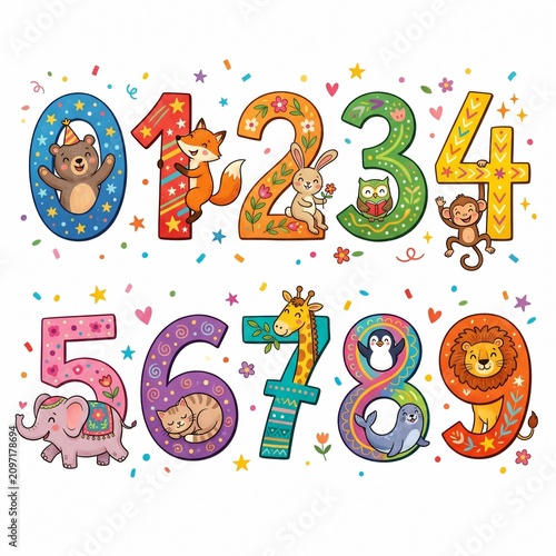 A colorful illustration of numbers with cartoon animals for kids