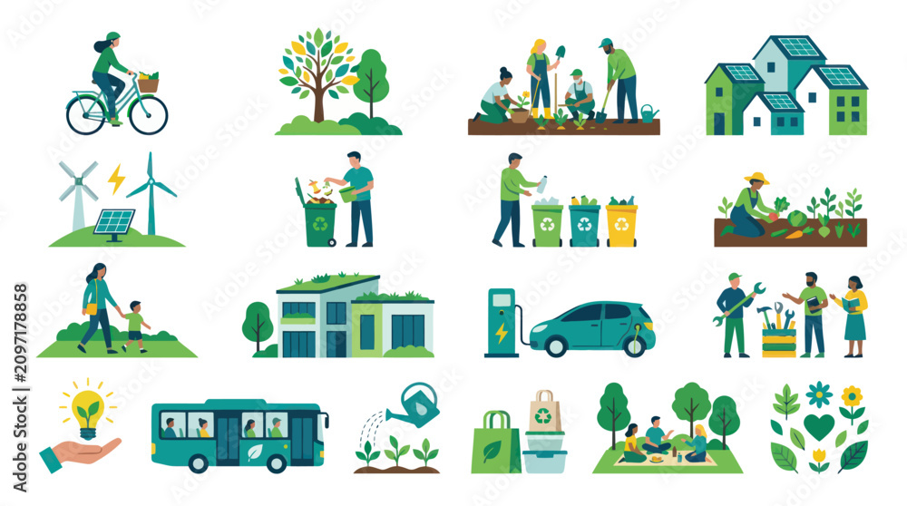 Fototapeta premium Flat Vector Icons Set: Eco-Friendly Lifestyle, Renewable Energy, Sustainability