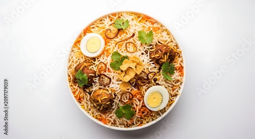 Delicious plate of rice with meat eggs and herbs on a plain white surface