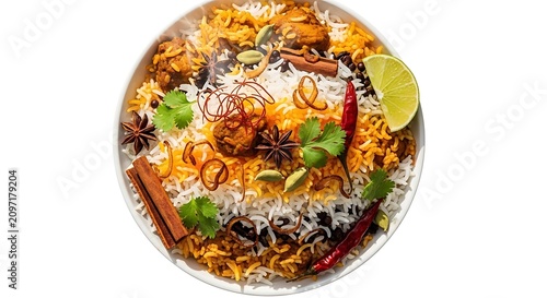 Delicious plate of rice with spices and herbs and chicken pieces on white background