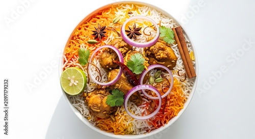 Delicious plate of spicy chicken biryani with rice onions and lime on white surface