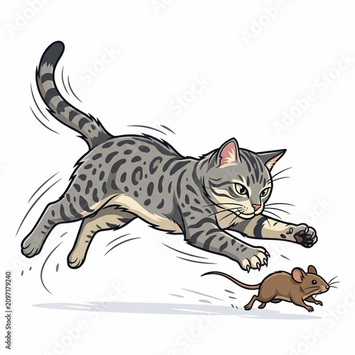 A spotted cat chasing a small brown mouse in cartoon style