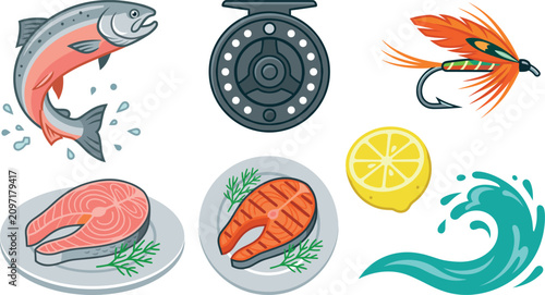 Принти на полотні Salmon fly fishing vector illustration icon collection set with fish reel lure steak isolated on transparent background