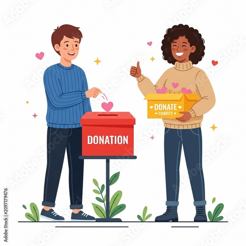 A smiling man and woman making a charity donation together happily