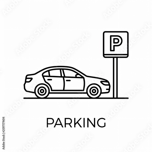 A car icon parked next to a parking sign on a white background
