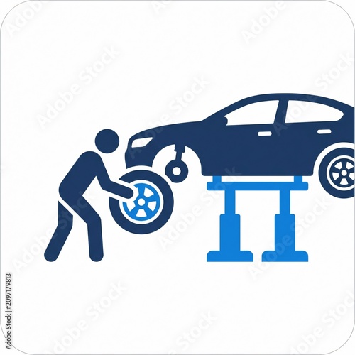 Car silhouette icon with a mechanic changing a wheel on a lift