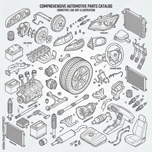 A comprehensive automotive parts catalog in isometric line art illustration style