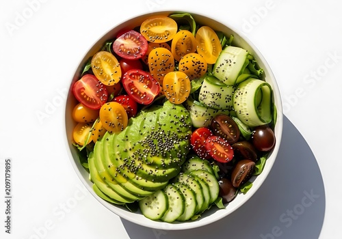Healthy salad bowl with sliced avocado tomatoes cucumber and chia seeds on white background
