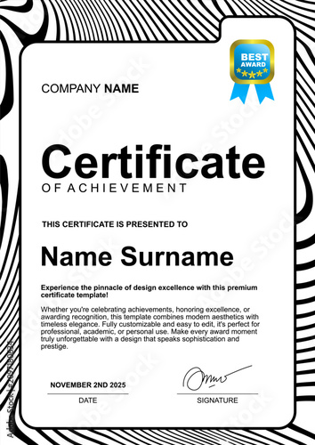 Certificate of achievement template design. black white color.