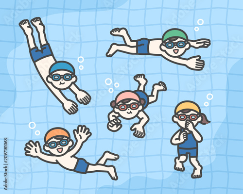 Children happily swimming in the pool.