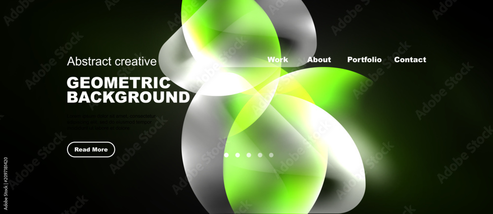 Naklejka premium Dark background features vibrant geometric shapes. Text overlays promote creative work, portfolio access, contact options. Modern design.