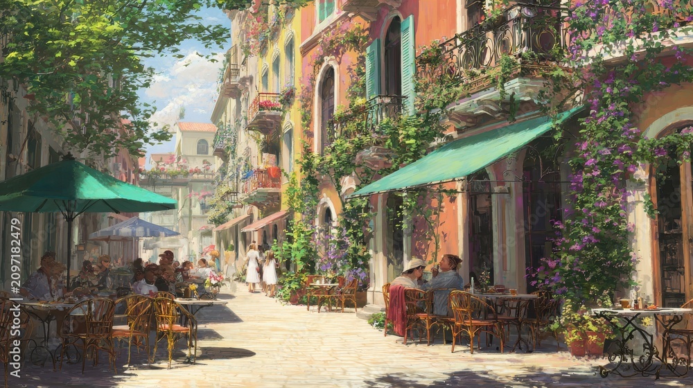 Fototapeta premium Sunlit outdoor cafe terrace along a vibrant flowery residential street