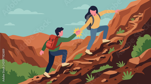 Illustration of two hikers helping each other climb a rocky mountain path
