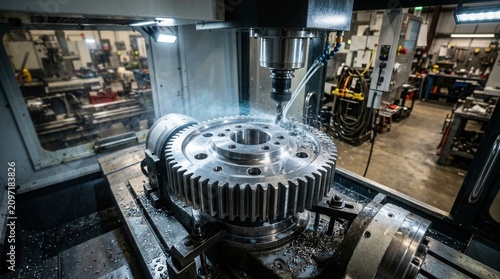 Close-up CNC Computer Numerical Control machine Five axis arm Producing precision turbine wheel part