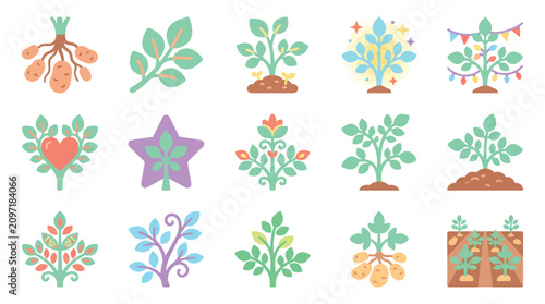 Collection of stylized potato plant icons and illustrations, showcasing growth and harvest.