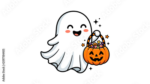 Cute halloween ghost holding a pumpkin basket filled with candy