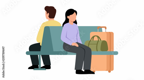 Cuadro en lienzo Two travelers sitting on a bench with luggage, waiting to depart