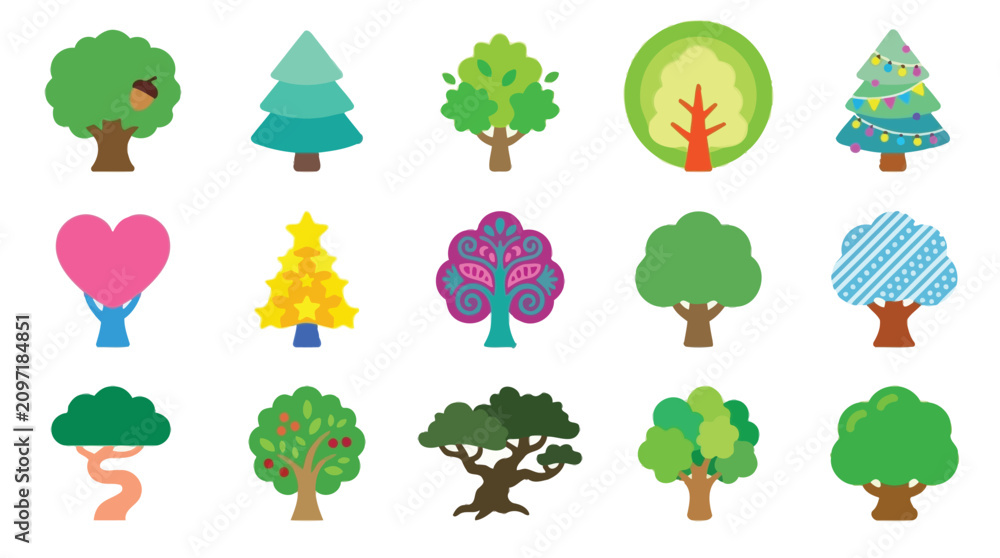 Fototapeta premium Collection of stylized trees in various shapes and colors, representing nature and growth.