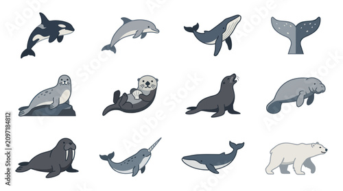 Schilderij op canvas Collection of various marine mammals icons.