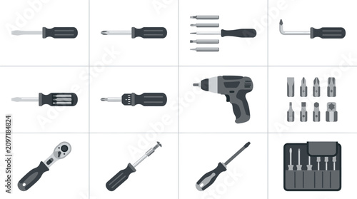 Foto Collection of various screwdrivers and drill.
