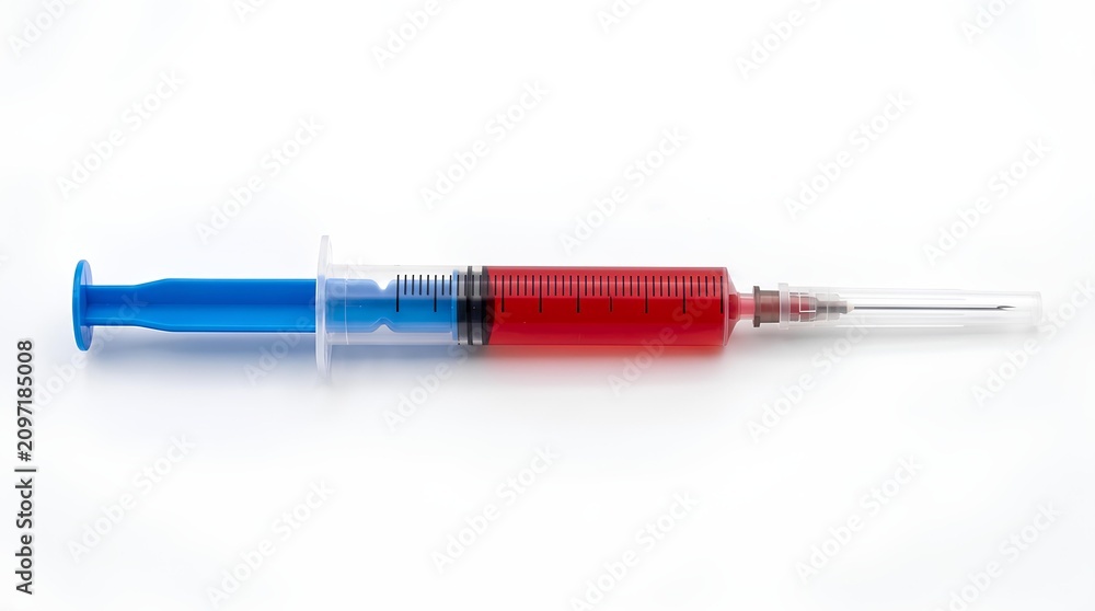 Fototapeta premium Medical Syringe with Red Liquid and Needle Isolated on White Background