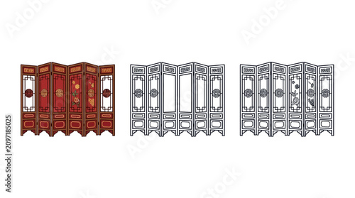 Traditional oriental folding screen room divider vector illustration set