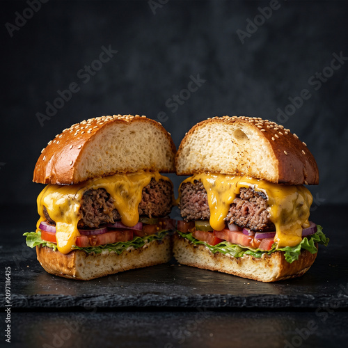Close-up of a juicy gourmet cheeseburger cut in half, featuring a grilled beef patty, melted cheddar cheese, fresh lettuce, tomato, red onion, pickles, and sesame bun on a dark background. Perfect for