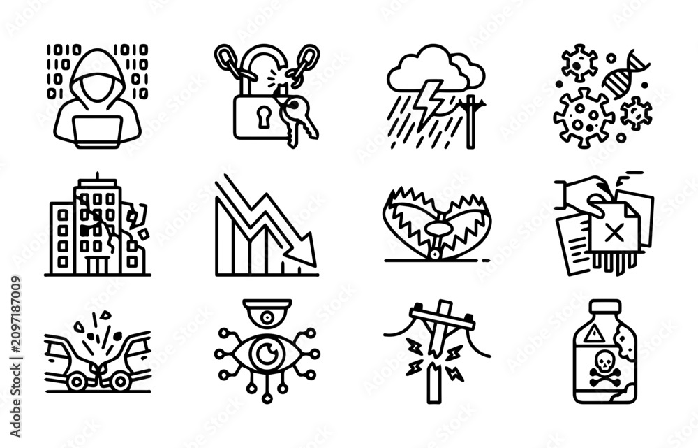 Fototapeta premium Cybersecurity and Risk Icons: Hacking, Data Breach, Financial Loss, Toxic Threats