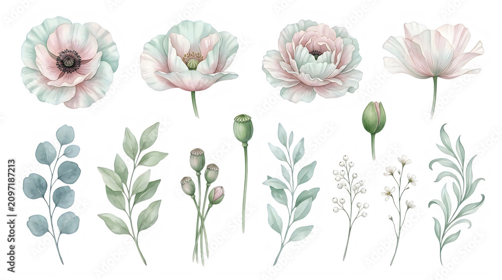 Obraz premium Watercolor illustration of blooming peony flowers and buds in botanical style