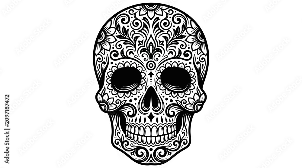 Fototapeta premium Detailed Black and White Decorative Sugar Skull Illustration for Creative Art