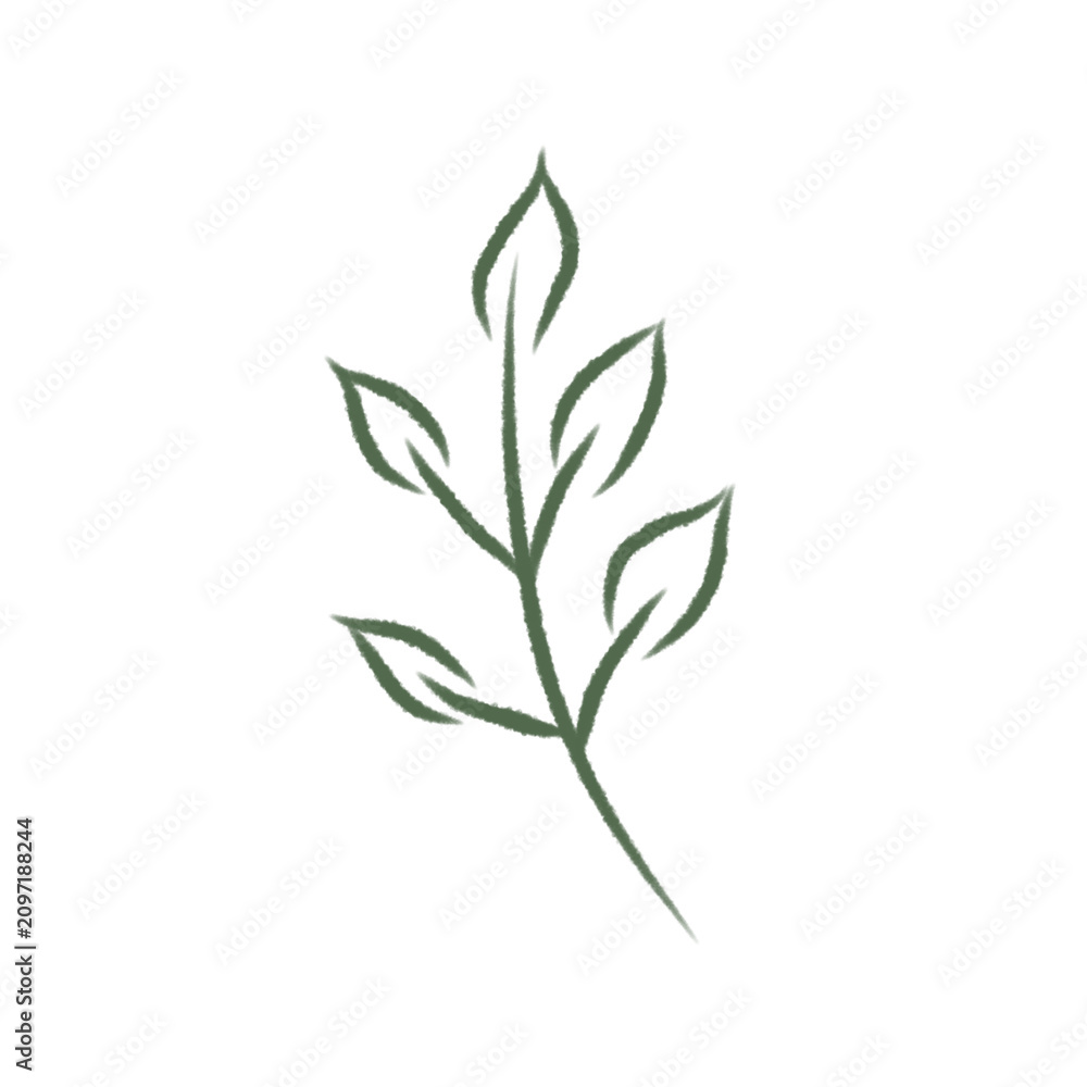 Fototapeta premium Hand drawn dark green leaf branch crayon doodle isolated vector illustration. Cute chalk textured sprig foliage outline shape for botanical design, eco friendly emblem, and organic print template.