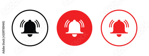 Three ringing bell notification icons in different color variations, representing alerts and reminders for digital interfaces.