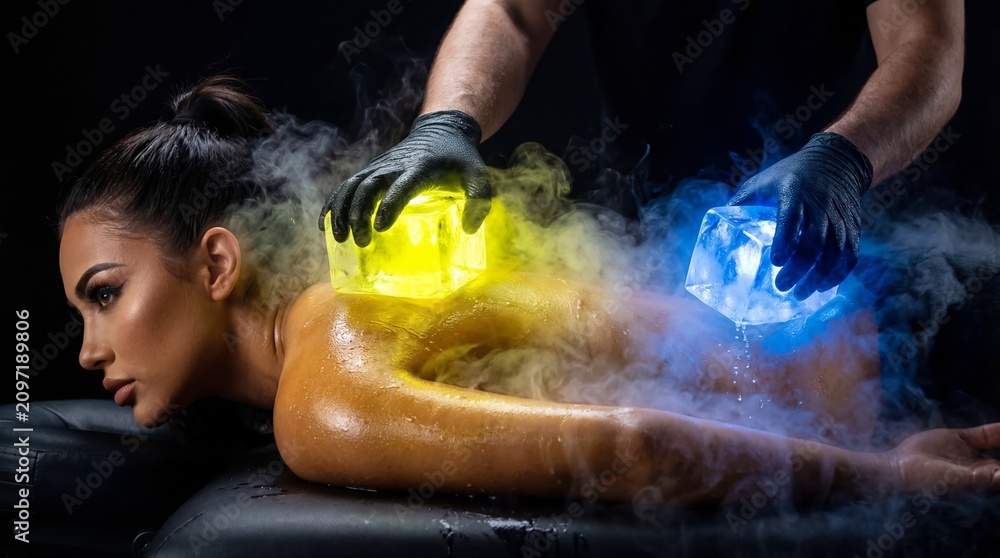 Obraz premium Therapist using glowing ice cube to perform cryotherapy massage on woman back. Alternative cold wellness treatment with vapor. Luxury spa relaxation procedure for skin health rejuvenation.