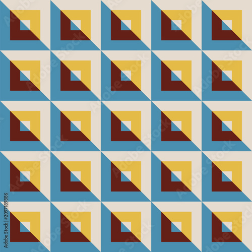 Seamless pattern created from pale grey and yellow, and blue and brown, striped triangles