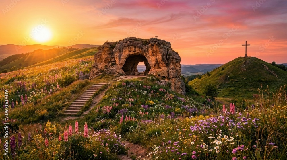 Fototapeta premium Beautiful landscape sunrise sunset sky mix Jesus Christ empty tomb with stone rolled away at sunrise